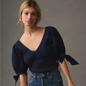 Maeve Anthropologie Ribbed V-Neck Mixed Media Puff Sleeve Tie Top